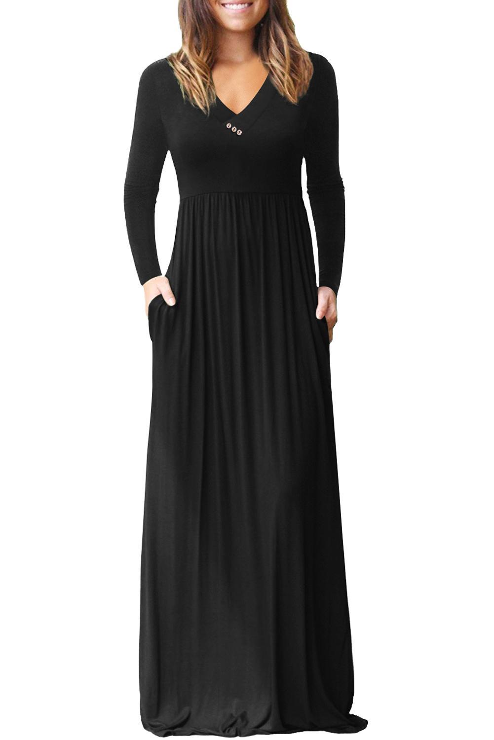 Plus Size So Chic - Black V Neck Pocket Style Long Dress