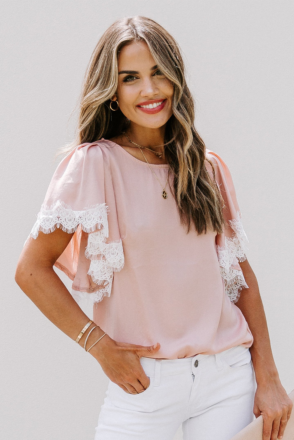 Plus Size So Chic - Pink Satin Lace Flutter Sleeve Top