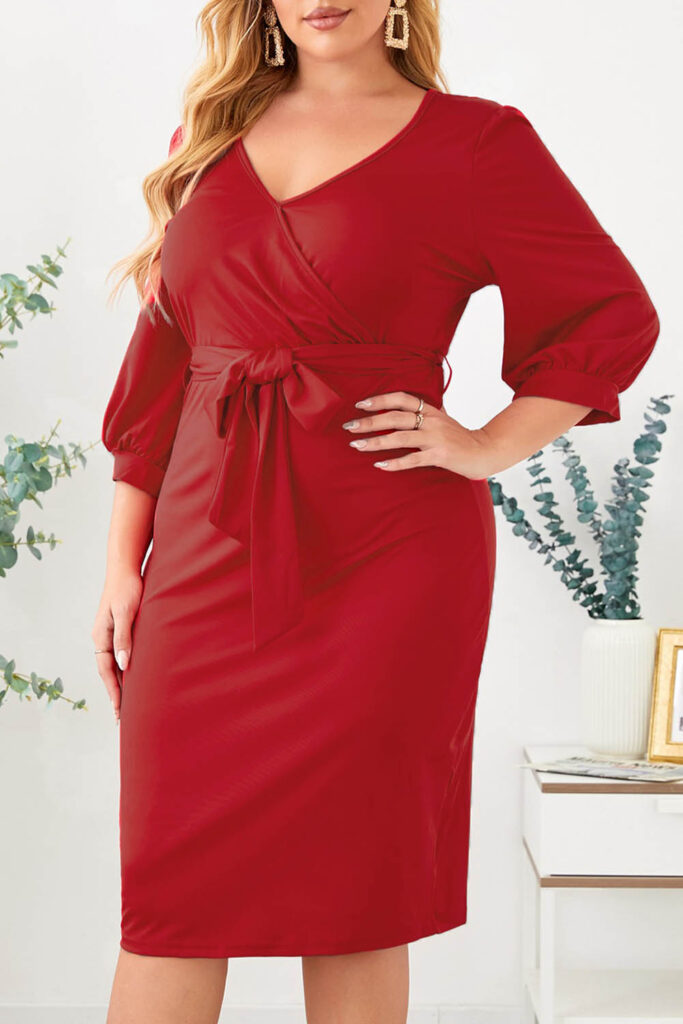 Puff Sleeve Wrap V Neck Midi Dress in Red 8121