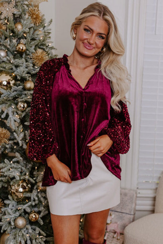 Burgundy Puff Sleeve Buttoned Velvet Sequin Blouse -7130