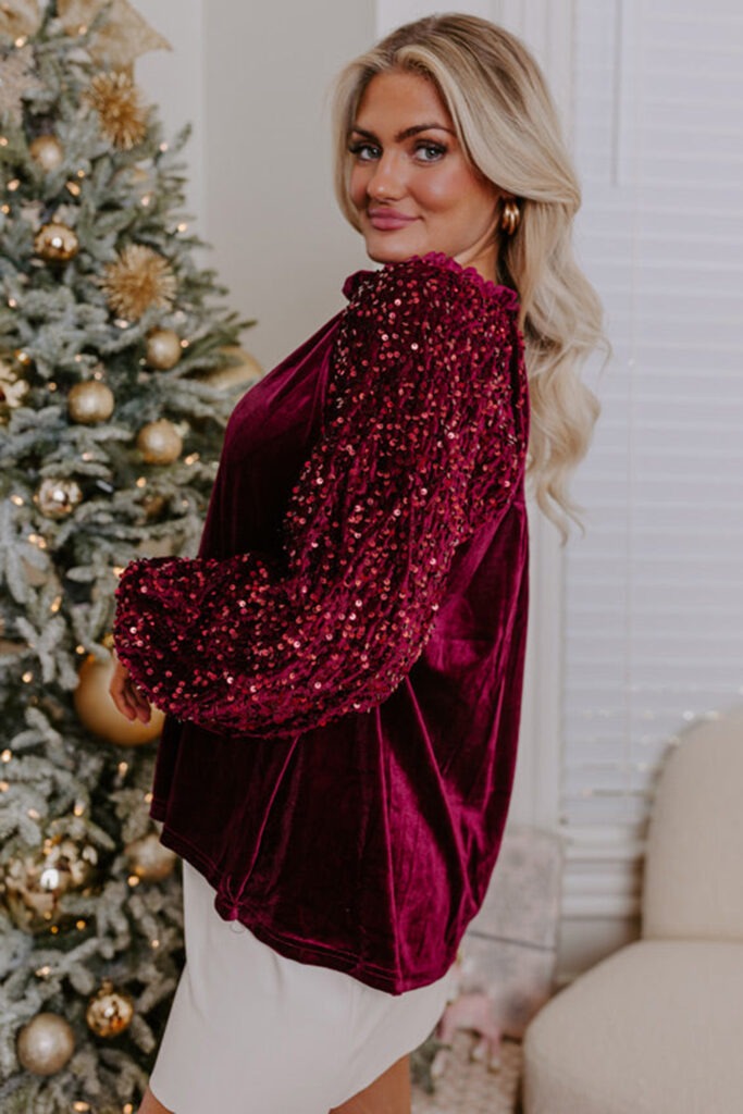 Burgundy Puff Sleeve Buttoned Velvet Sequin Blouse -7130