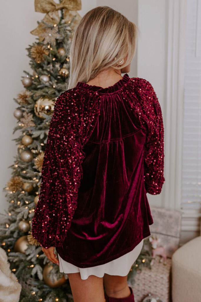 Burgundy Puff Sleeve Buttoned Velvet Sequin Blouse -7130