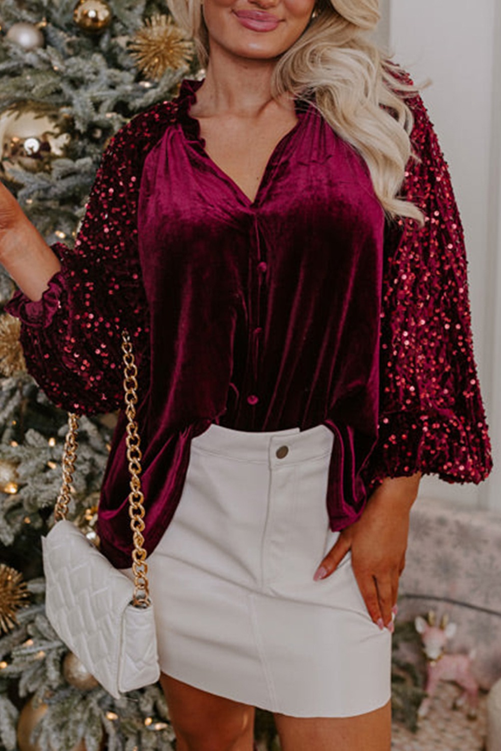 Burgundy Puff Sleeve Buttoned Velvet Sequin Blouse -7130