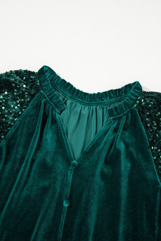 Green Puff Sleeve Buttoned Velvet Sequin Blouse -7131