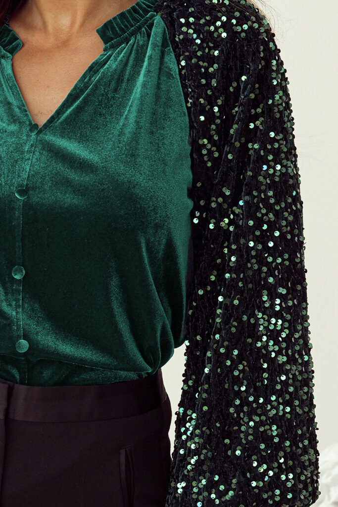 Green Puff Sleeve Buttoned Velvet Sequin Blouse -7131