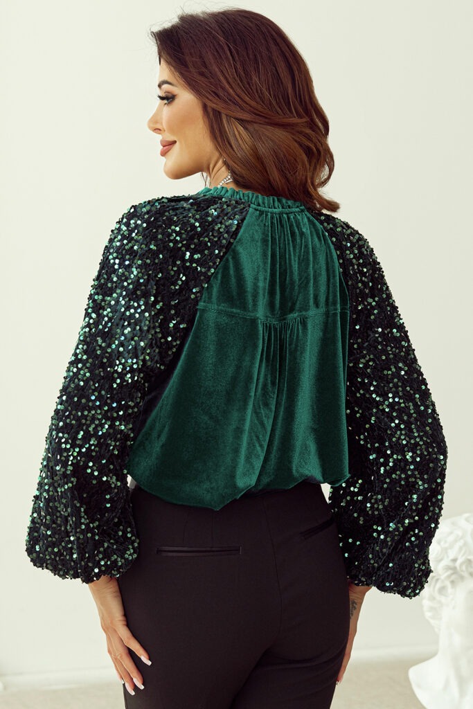 Green Puff Sleeve Buttoned Velvet Sequin Blouse -7131